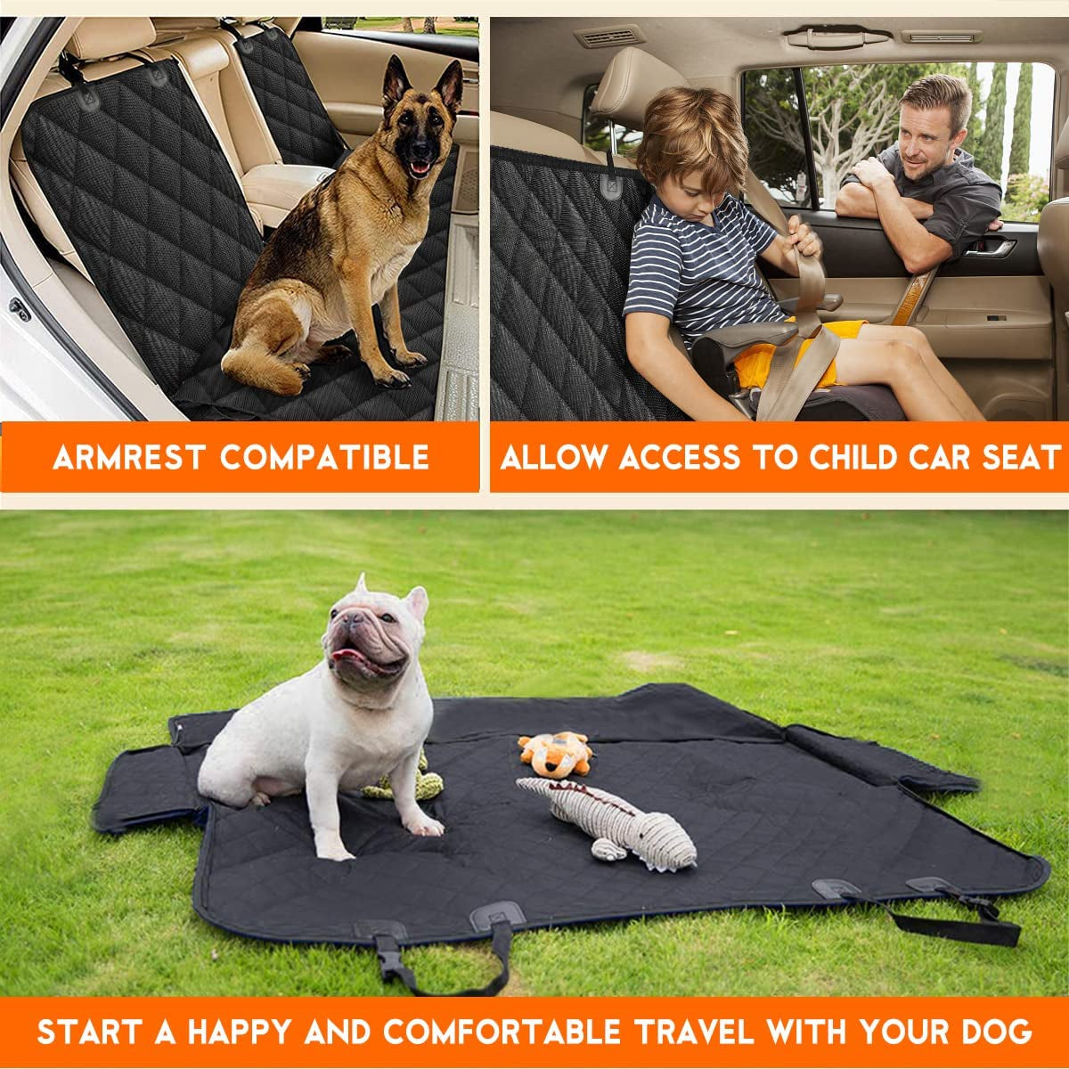 Dog Car Seat Cover, Back Seat Cover for Dogs Pet Car Seat Protector Waterproof Rear Seat Cover Durable Car Seat Cover, Fits Middle Armrest for Most Cars Suvs Trucks (53” Width)- Black 